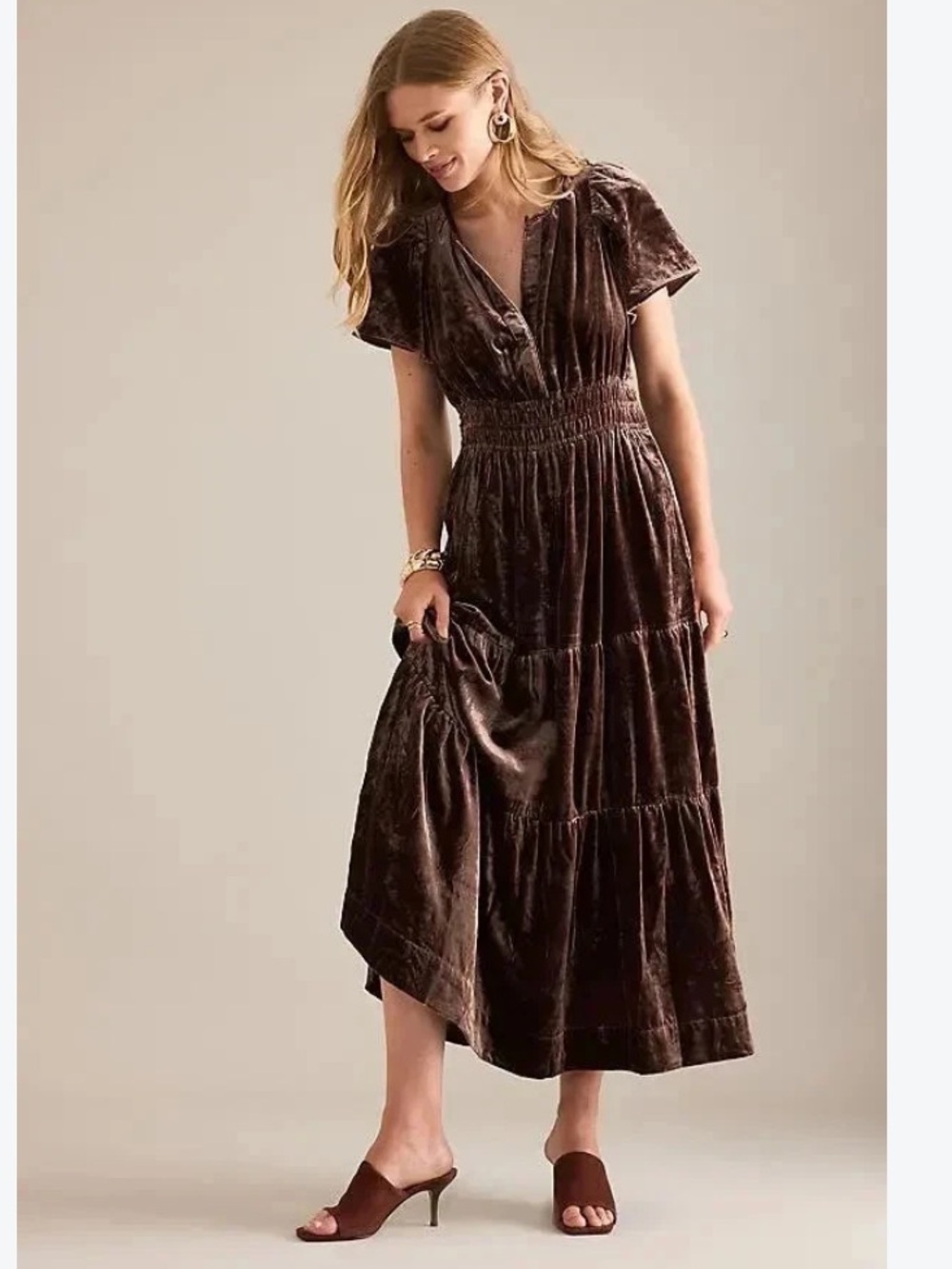 NWT Anthropologie Somerset Brown Velvet Tiered Maxi Fall Smocked Autumn Dress M